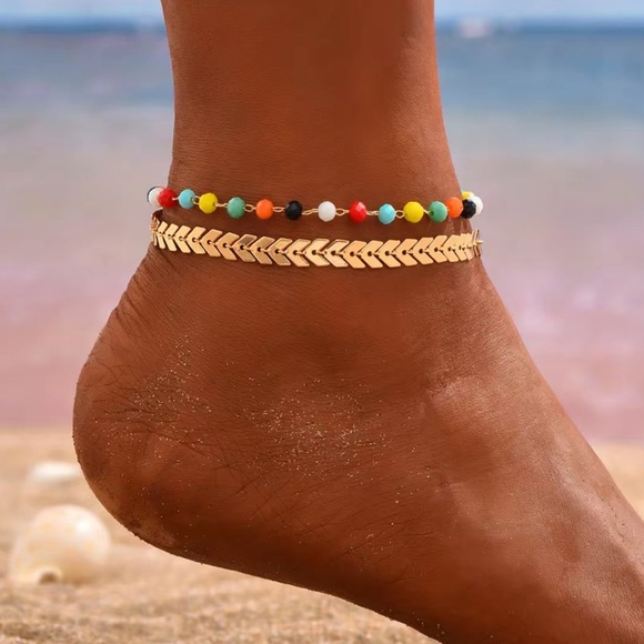 Jewelry - Double Layers Chain Anklet With Colorful Beads| Gold Plated Ankle Bracelet Set